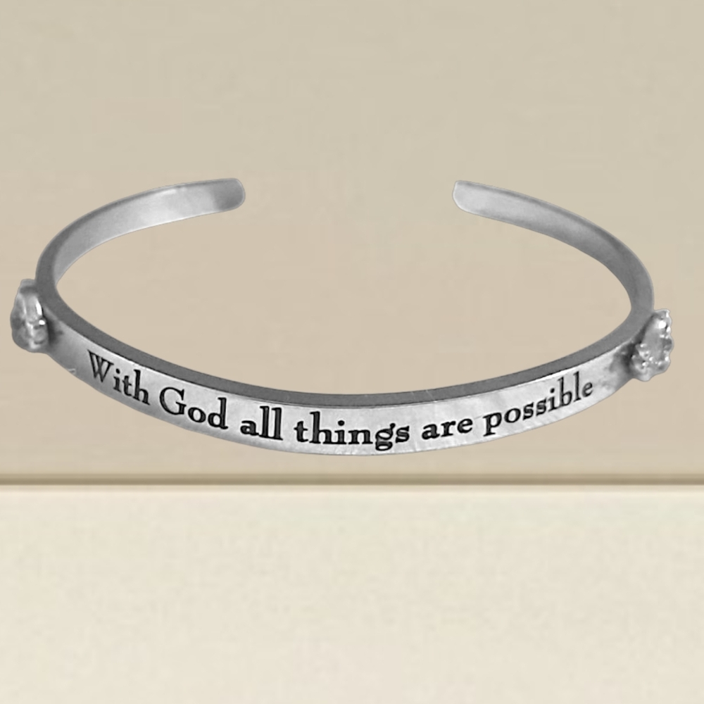 Bible Verse Gift Religious Matt 19:26 silver W/blue scripture cuff bracelet